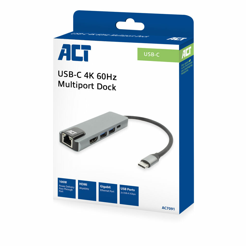 ACT AC7091 | USB-C 4K Docking Station | HDMI 2.0 (4K@60 Hz) + Gigabit Ethernet + 2× USB-A + USB-C PD Pass-Through | Aluminium | Grijs/Zilver