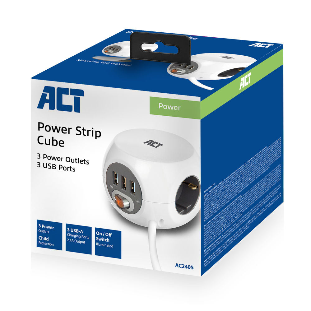 ACT AC2405 | Stekkerdoos | 3 Stopcontacten | 1,5 m | Binnen | Wit
