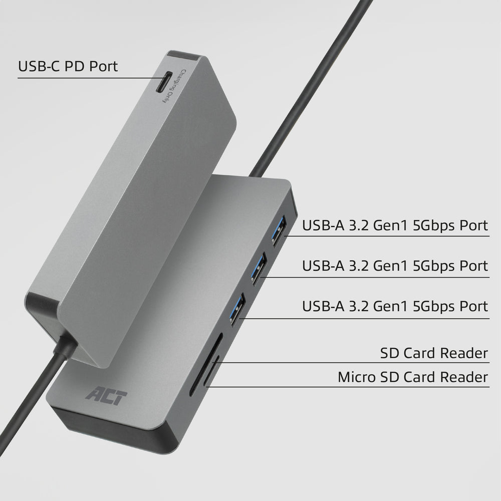 ACT AC7050 | 3-Poorts USB-C Hub | Kaartlezer | Zilver
