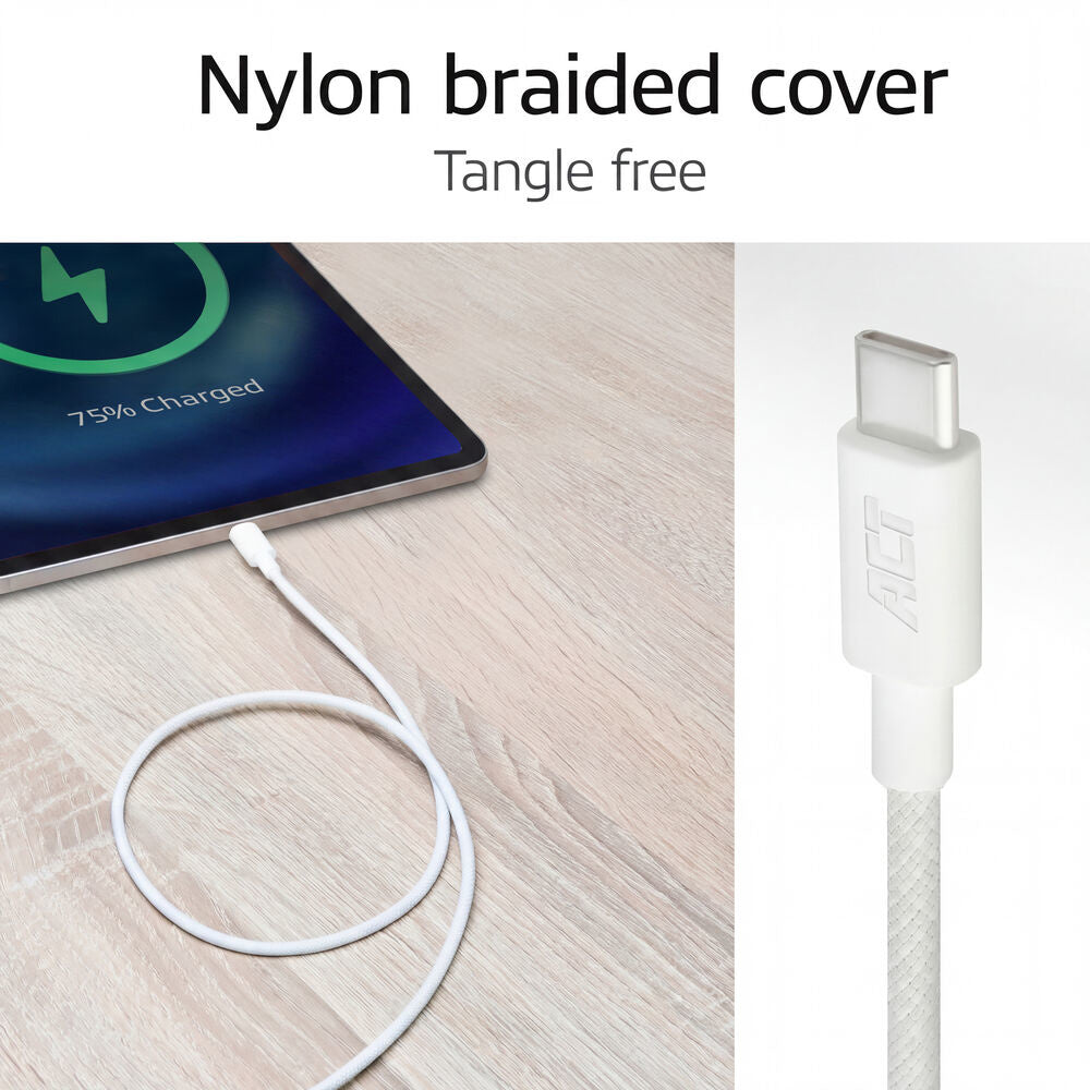 ACT AC3080 | USB 2.0 Kabel | USB-C naar USB-C | 60W | 480Mbps | Wit | 1 Meter
