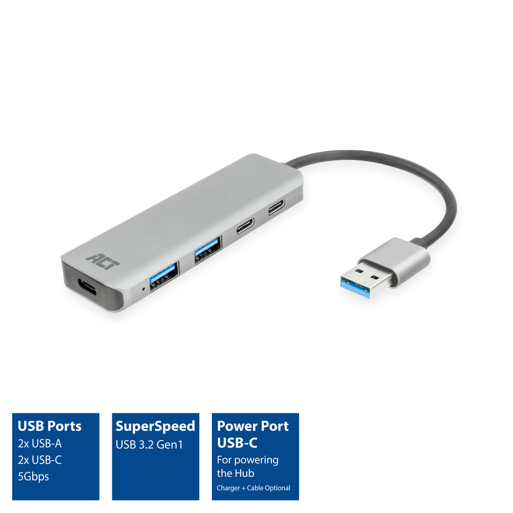 ACT AC6125 | USB 3.2 Gen 1 (3.1 Gen 1) Type-A Interface Hub | 5000 Mbit/s | Grijs