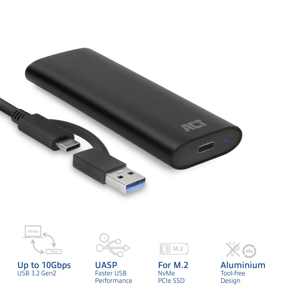ACT AC1615 | USB-C M.2 NVMe/PCIe SSD Behuizing | Tool-Free | Aluminium | USB 3.2 Gen2 (10 Gbps)