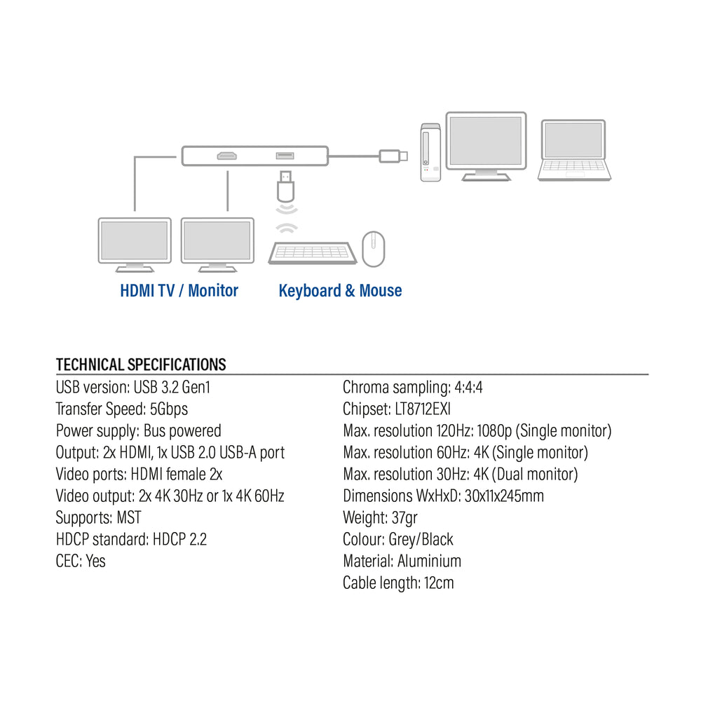 ACT AC7013 | Docking Station & Poortreplicator | USB-C 3.2 Gen 1 | Zwart/Grijs