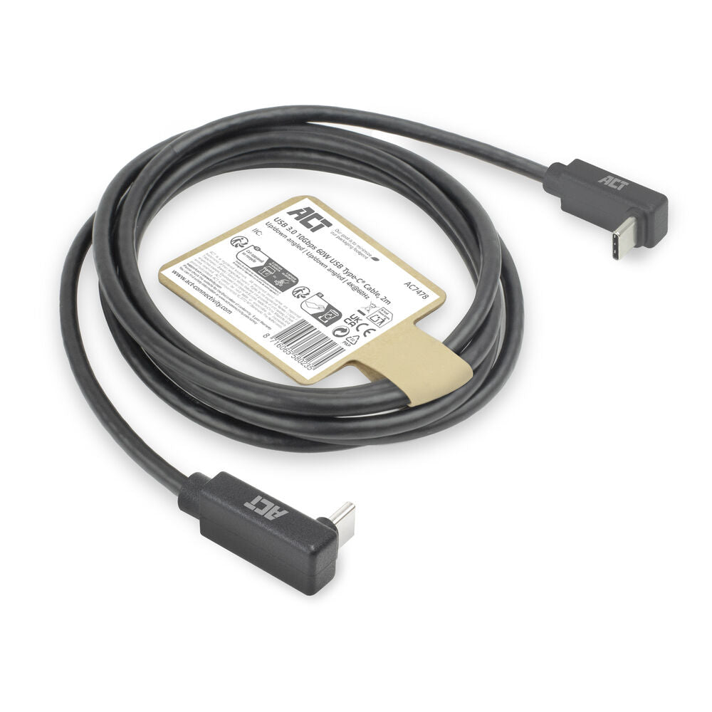 ACT AC7478 | USB 3.2 Gen 2 Kabel | USB-C (haaks boven/beneden) naar USB-C (haaks boven/beneden) | 60W | 10Gbps | 2m | Zwart