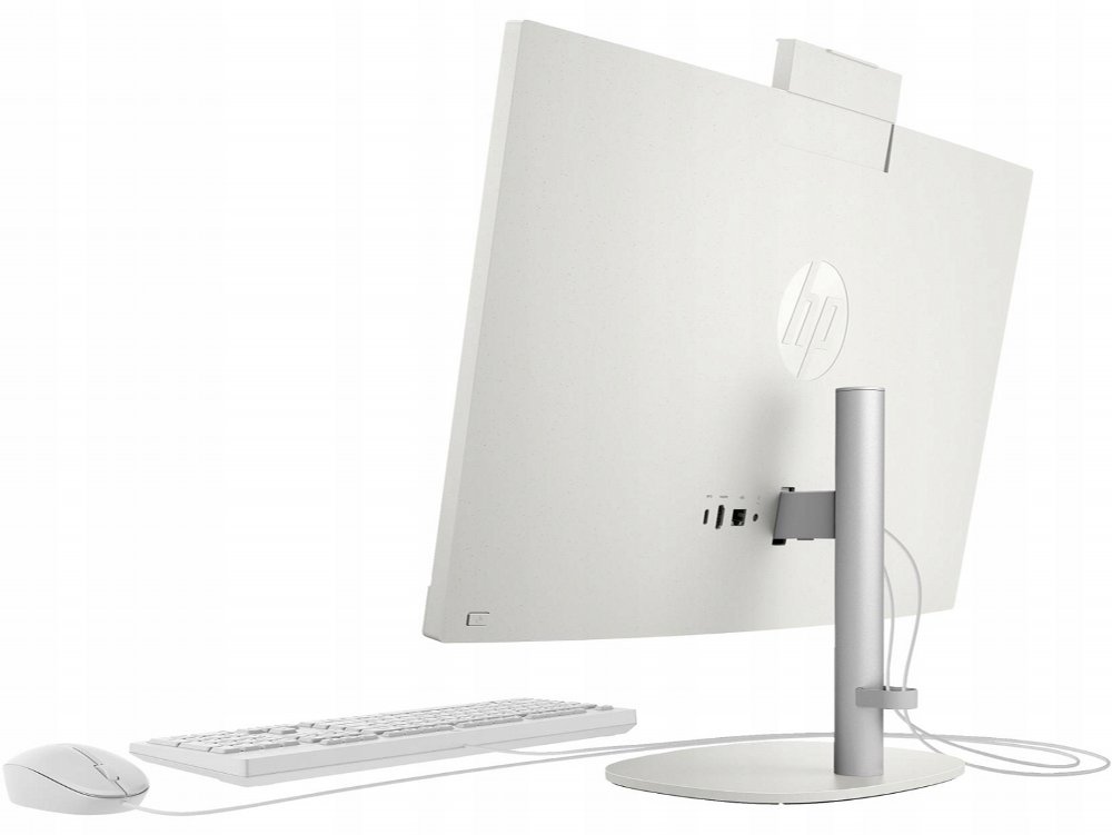 HP All-in-One, 24'' Full HD IPS, AMD Ryzen 3 7320U, 8GB DDR5, 512GB SSD, IR Camera, W11 Professional, Met Keyboard & Muis, Wit — zijaanzicht