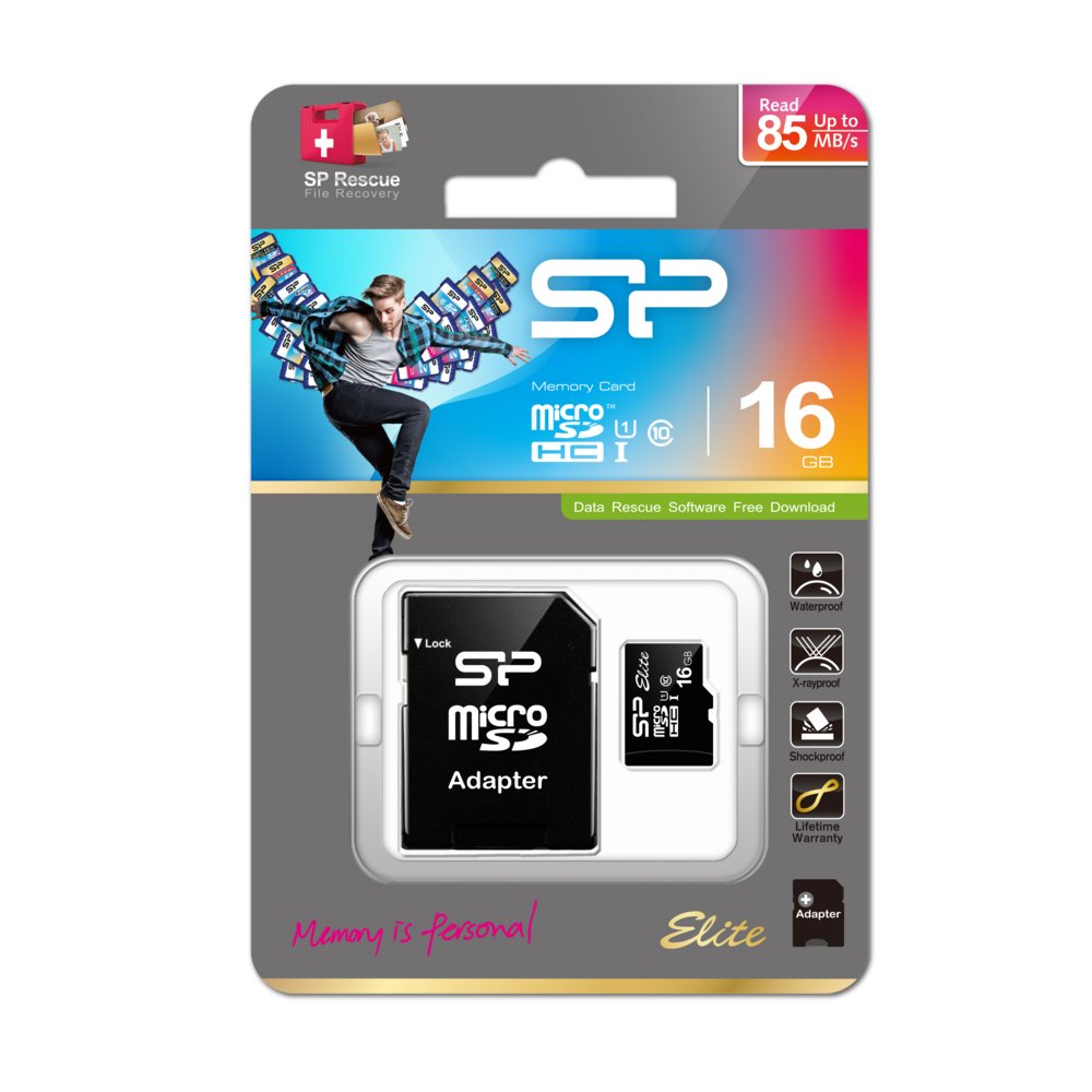 Silicon Power Elite | MicroSDHC | 16GB | Class 10 | UHS-I U1 | Tot 85MB/s | Inclusief SD-adapter | Zwart