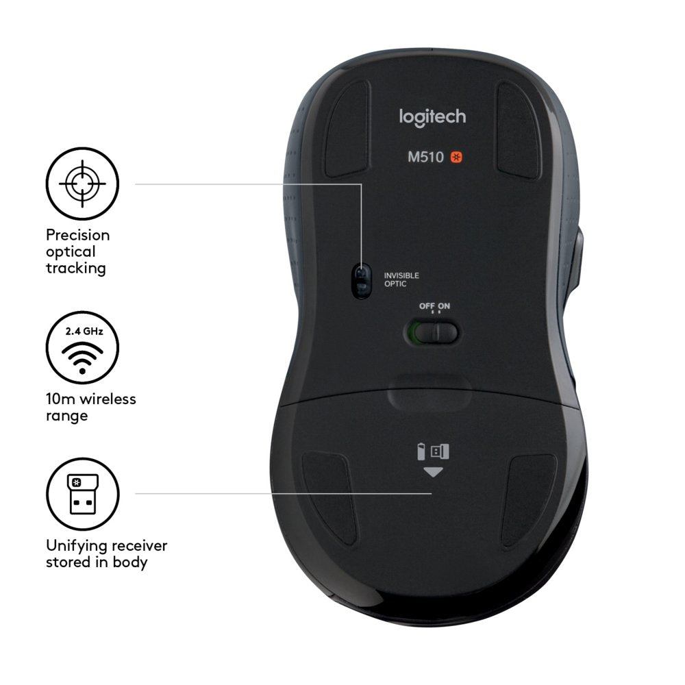 Logitech M510 | Draadloze Muis | Links- en Rechtshandig | RF | 1000 DPI | Zwart | Returned