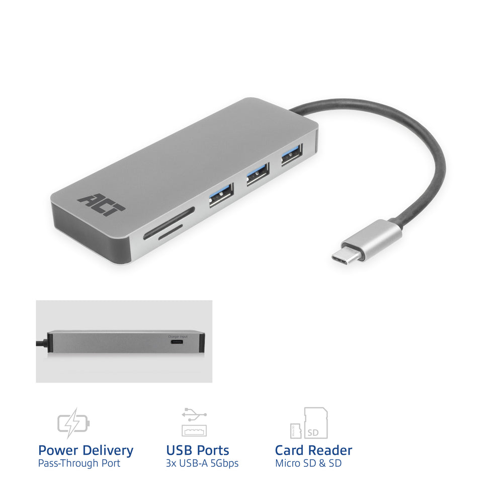ACT AC7050 | 3-Poorts USB-C Hub | Kaartlezer | Zilver