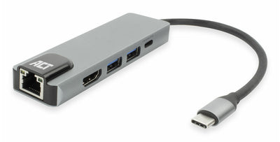 ACT AC7091 | USB-C 4K Docking Station | HDMI 2.0 (4K@60 Hz) + Gigabit Ethernet + 2× USB-A + USB-C PD Pass-Through | Aluminium | Grijs/Zilver