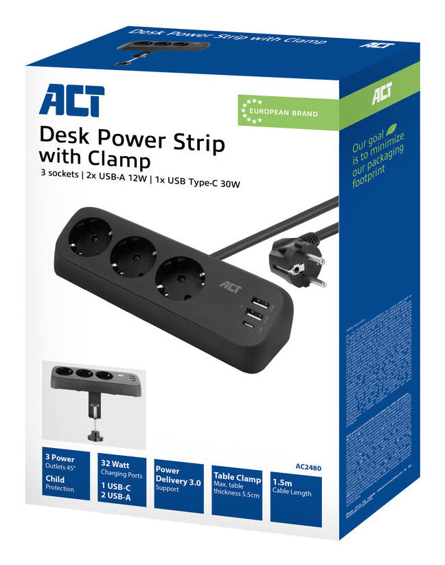 ACT AC2480 | Stekkerdoos | 3 Stopcontacten met 2x USB-A en 1x USB-C | 1,5 m | Zwart