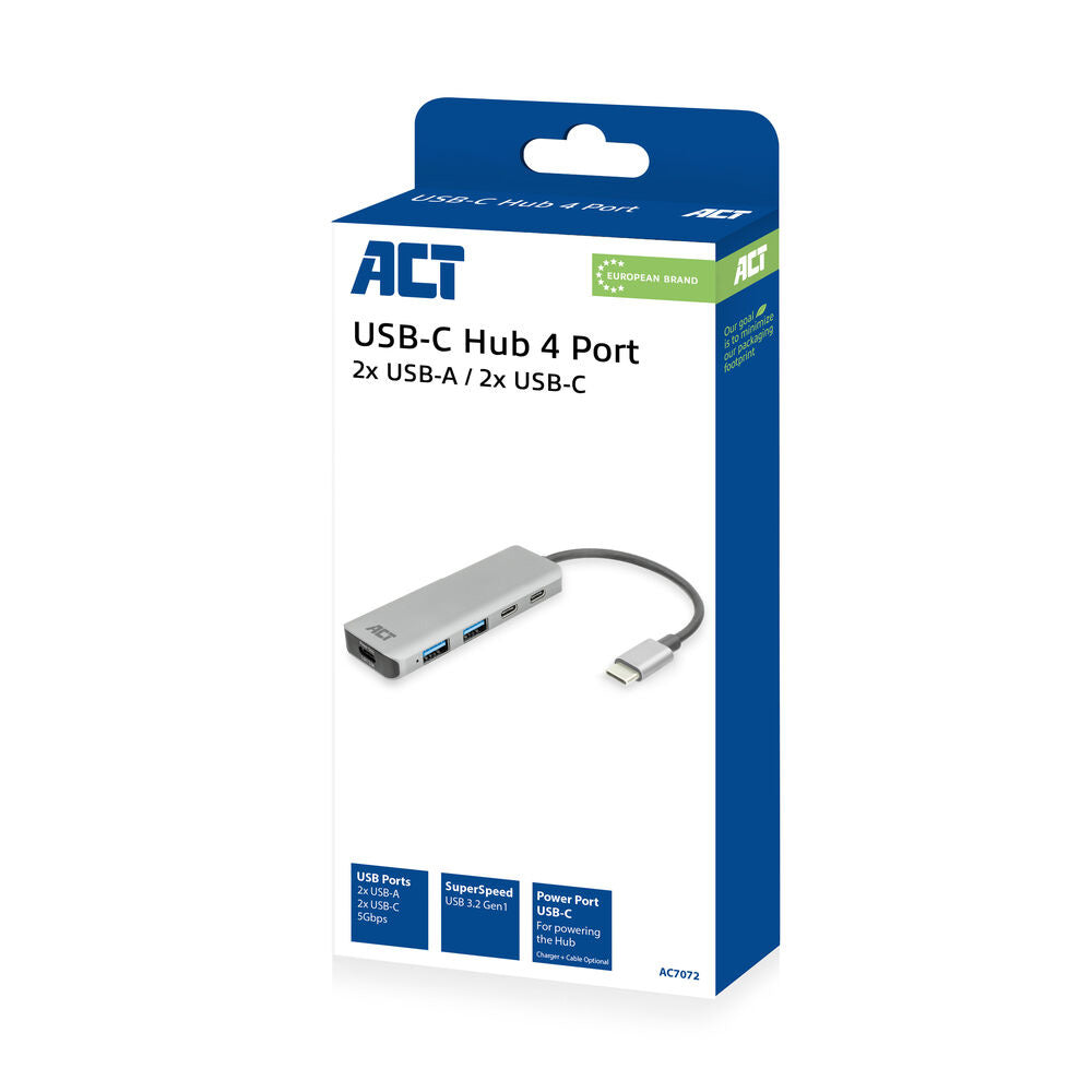 ACT AC7072 USB-C Hub 3.0 | 2x USB-A & 2x USB-C Poorten | 5 Gbps | Aluminium Behuizing | 12 cm Kabel