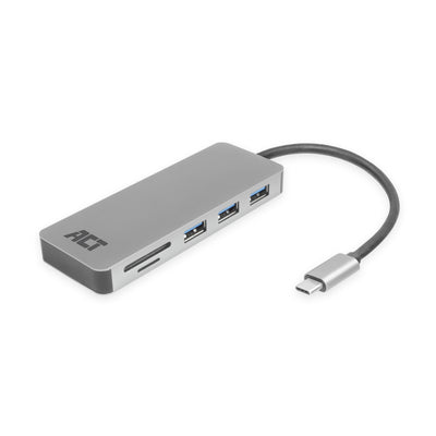ACT AC7050 | 3-Poorts USB-C Hub | Kaartlezer | Zilver