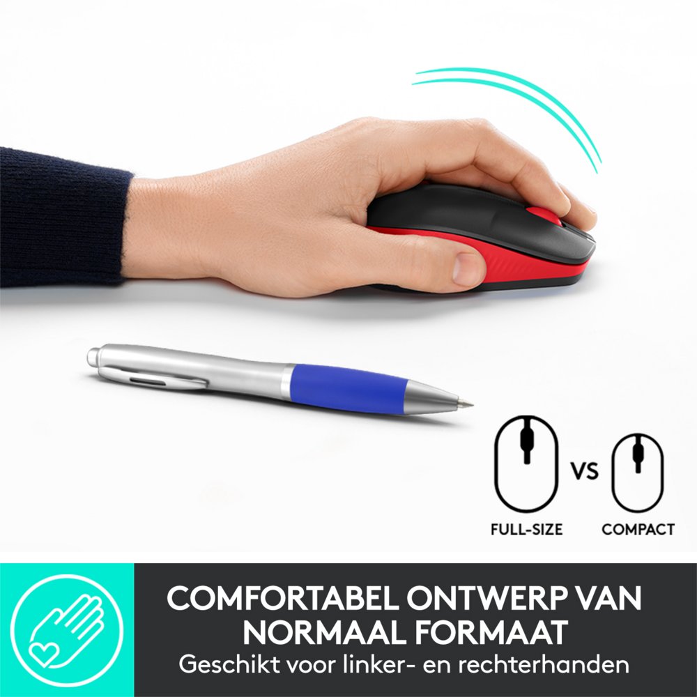 Logitech M190 | Draadloze Muis | Links- en Rechtshandig | RF | 1000 DPI | Zwart/Rood