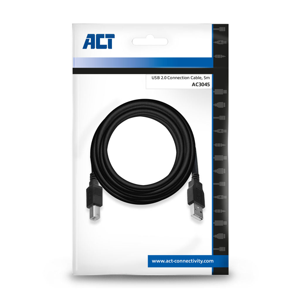 ACT AC3045 | USB 2.0 Kabel | USB-A naar USB-B | 5m | Zwart