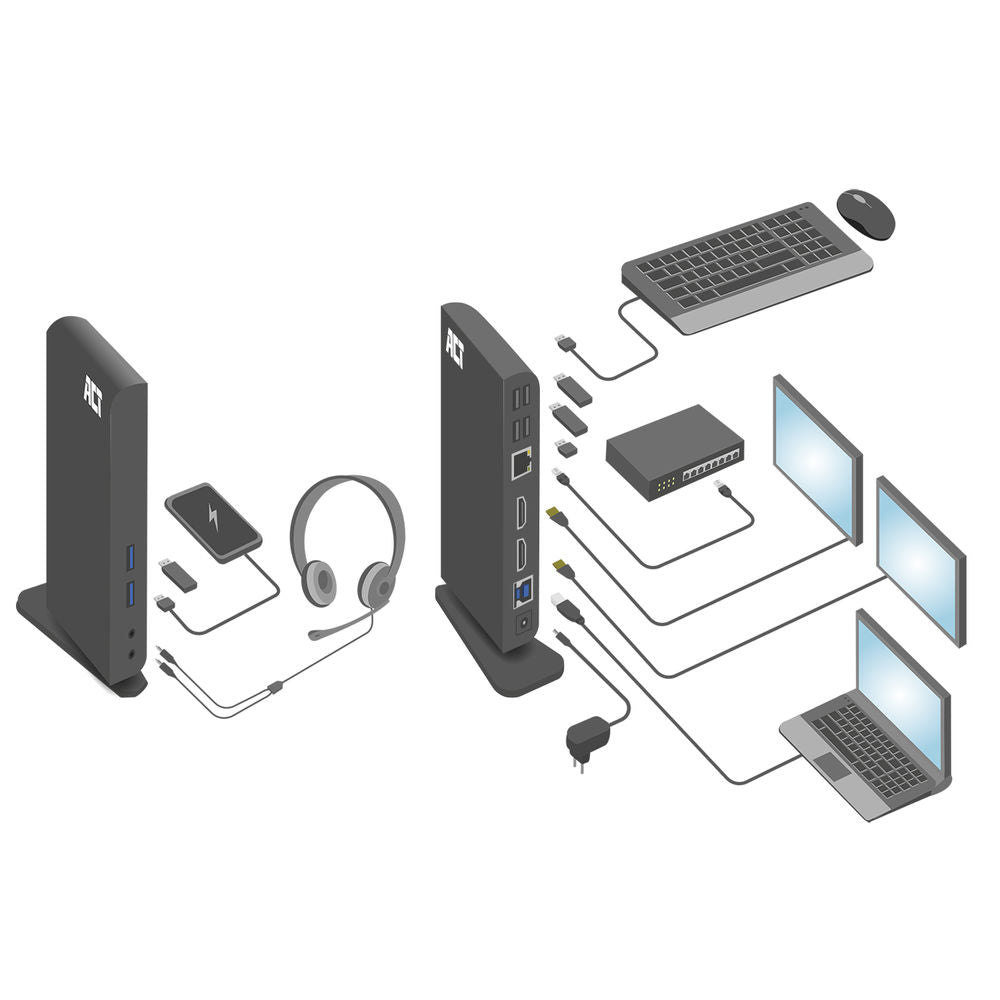 ACT AC7049 | USB-C/A Multiport Docking Station | 2x HDMI (2048x1152) + Ethernet + 6x USB + Audio | Zwart