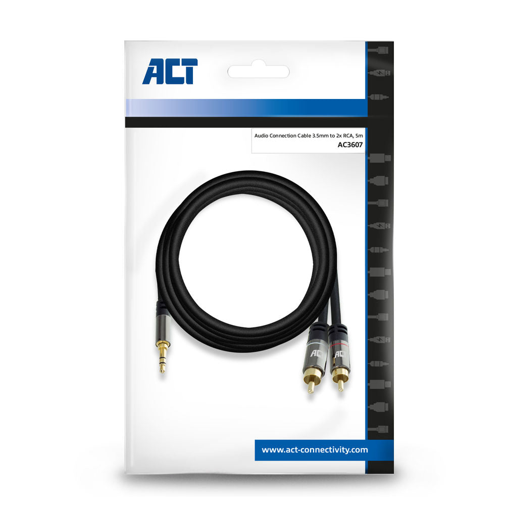 ACT AC3607 | 3.5mm naar 2x RCA Audiokabel | 5 Meter | Stereo | Zwart
