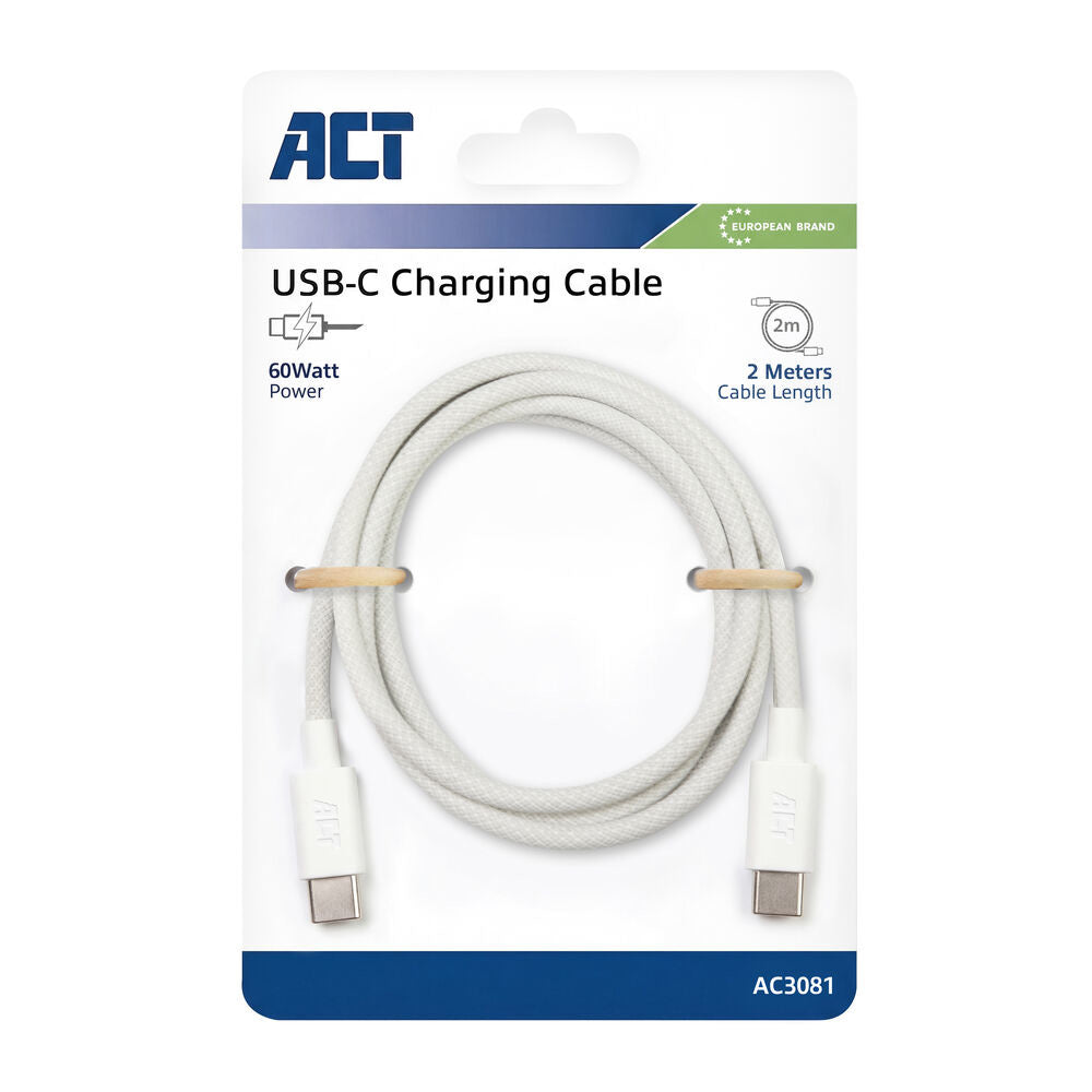 ACT AC3081 | USB 2.0 Kabel | USB-C naar USB-C | 60W | 480Mbps | Wit | 2 Meter
