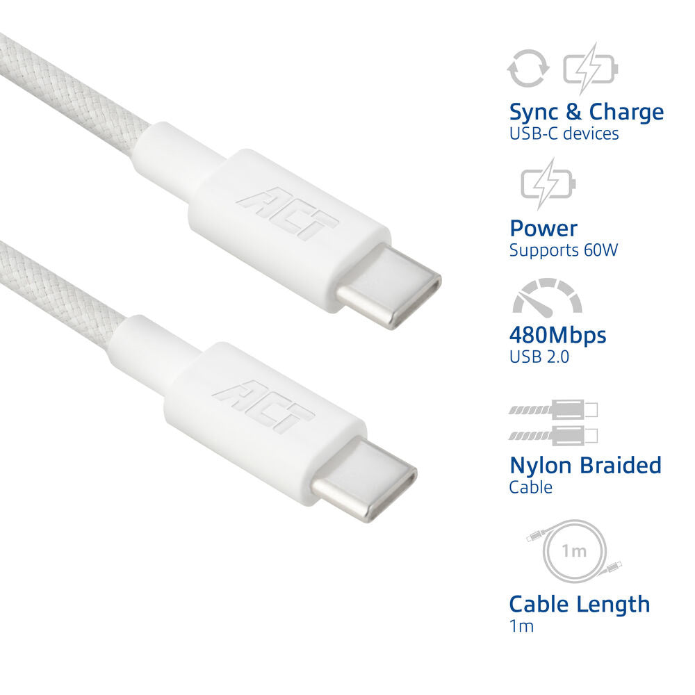 ACT AC3080 | USB 2.0 Kabel | USB-C naar USB-C | 60W | 480Mbps | Wit | 1 Meter