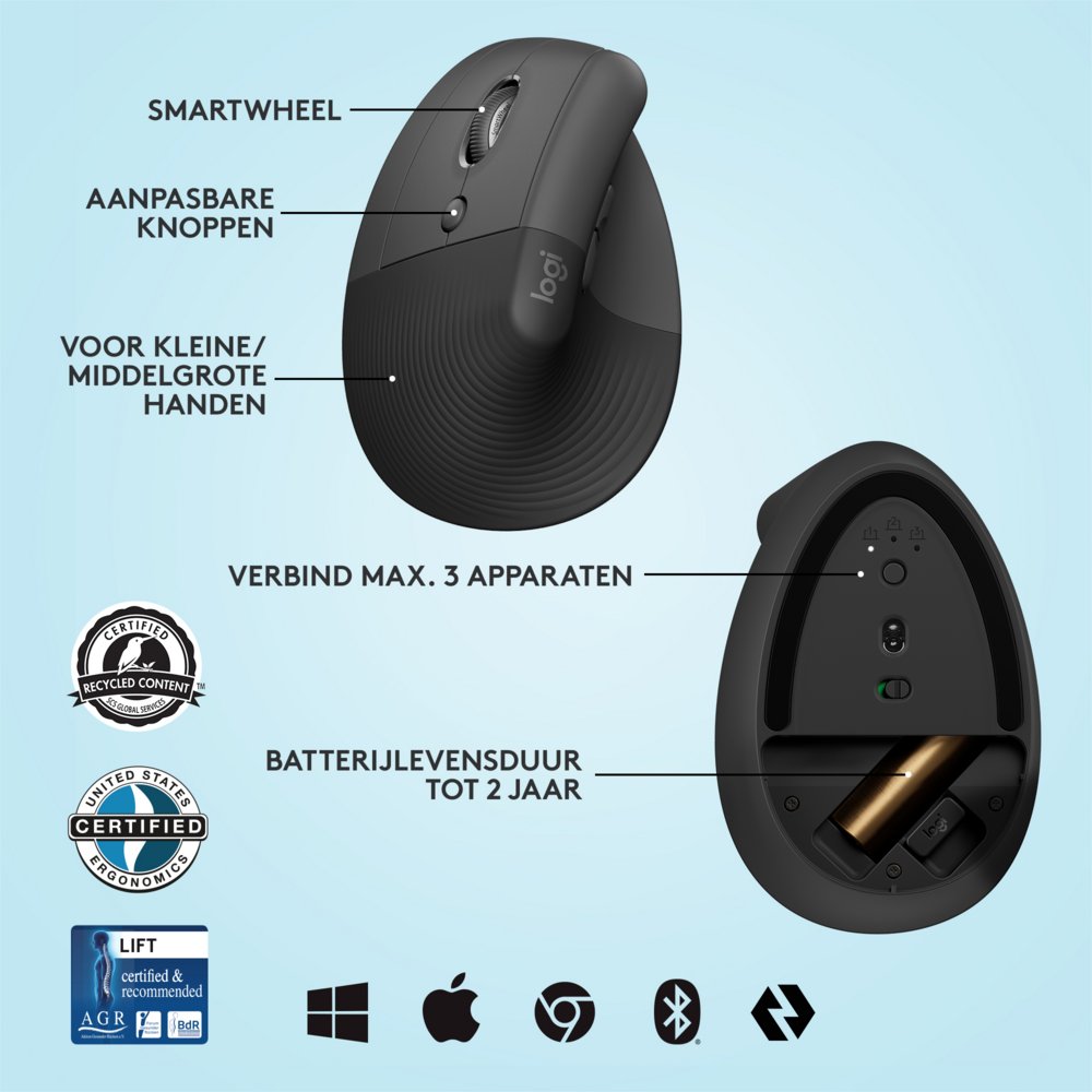 Logitech Lift | Ergonomische Draadloze Muis | Linkshandig | RF + Bluetooth | 4000 DPI | Grafiet