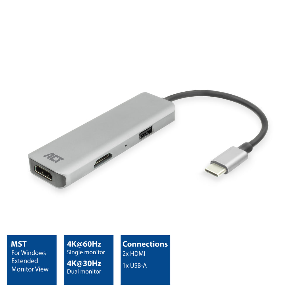 ACT AC7013 | Docking Station & Poortreplicator | USB-C 3.2 Gen 1 | Zwart/Grijs