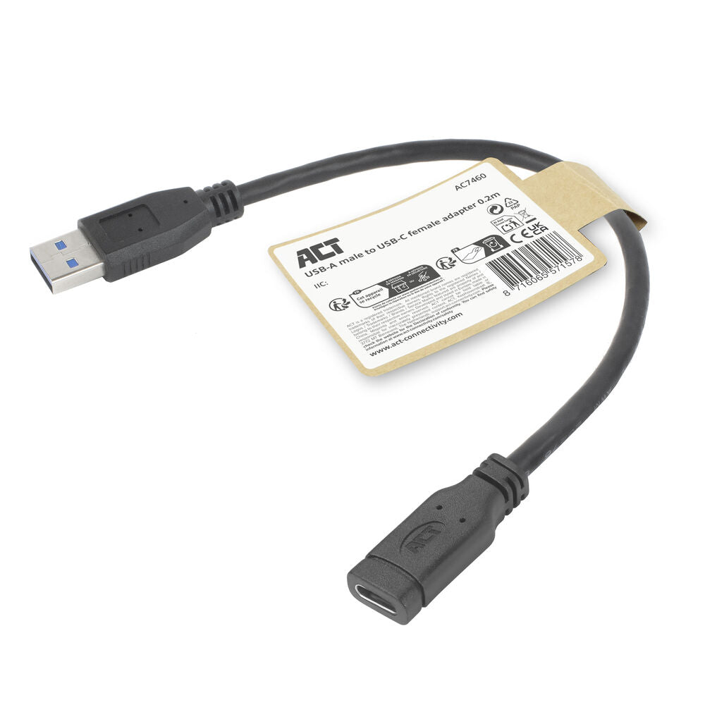 ACT Adapterkabel | USB Type-A (Male) naar USB Type-C (Female) | 0,2 meter