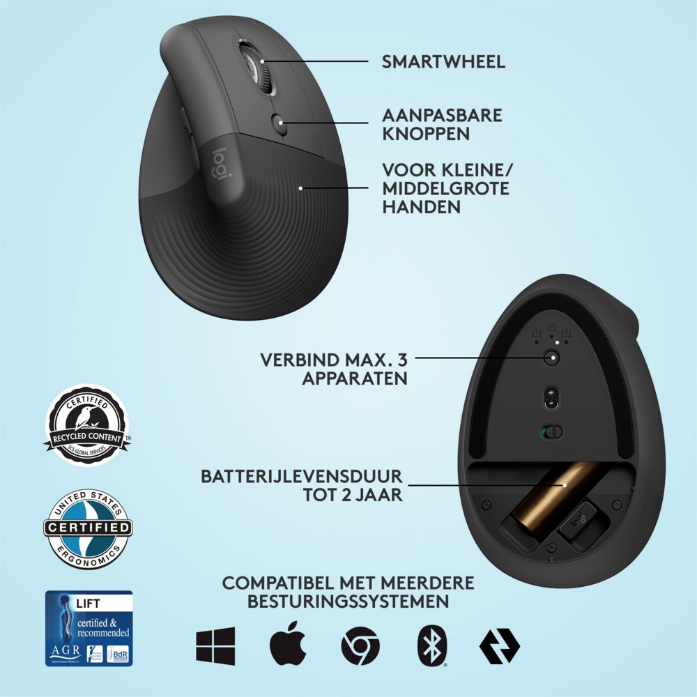 Logitech Lift | Ergonomische Draadloze Muis | Rechtshandig | RF + Bluetooth | 4000 DPI | Grafiet
