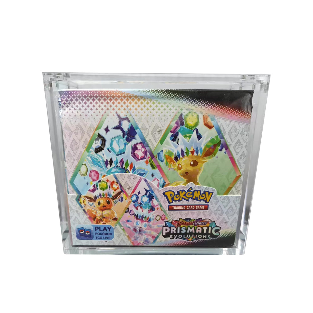 Acryl booster box case met Pokemon Prismatic Evolutions booster box erin