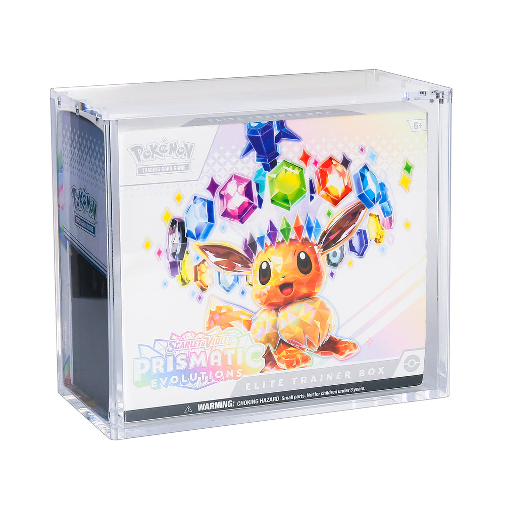 Acryl ETB case met Pokemon Prismatic Evolutions Elite Trainer Box erin