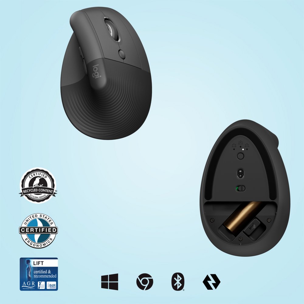 Logitech Lift | Ergonomische Draadloze Muis | Rechtshandig | RF + Bluetooth | 4000 DPI | Grafiet