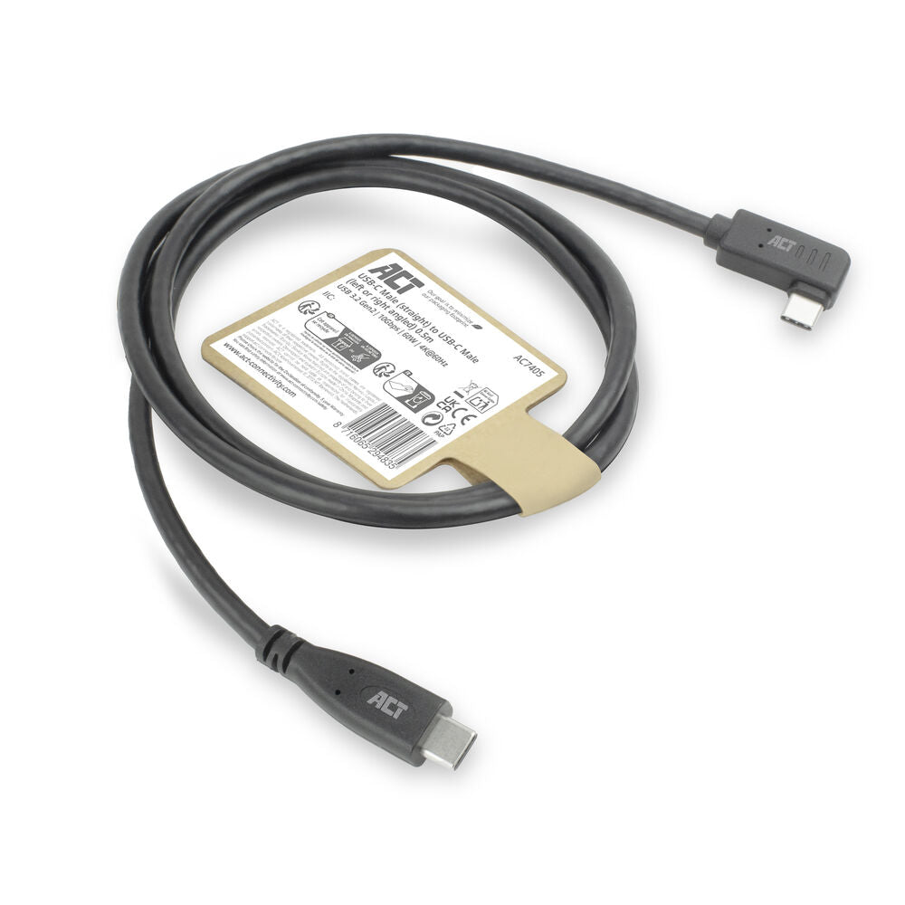 ACT AC7408 | USB 3.2 Gen 2 Kabel | USB-C (recht) naar USB-C (haaks links/rechts) | 60W | 10Gbps | 3m | Zwart