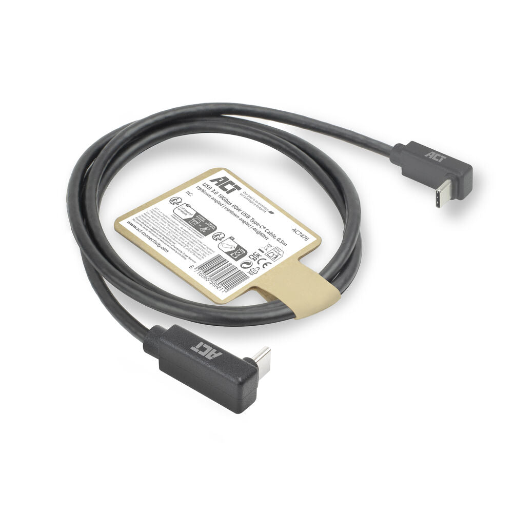 ACT AC7477 | USB 3.2 Gen 2 Kabel | USB-C (haaks boven/beneden) naar USB-C (haaks boven/beneden) | 60W | 10Gbps | 1m | Zwart