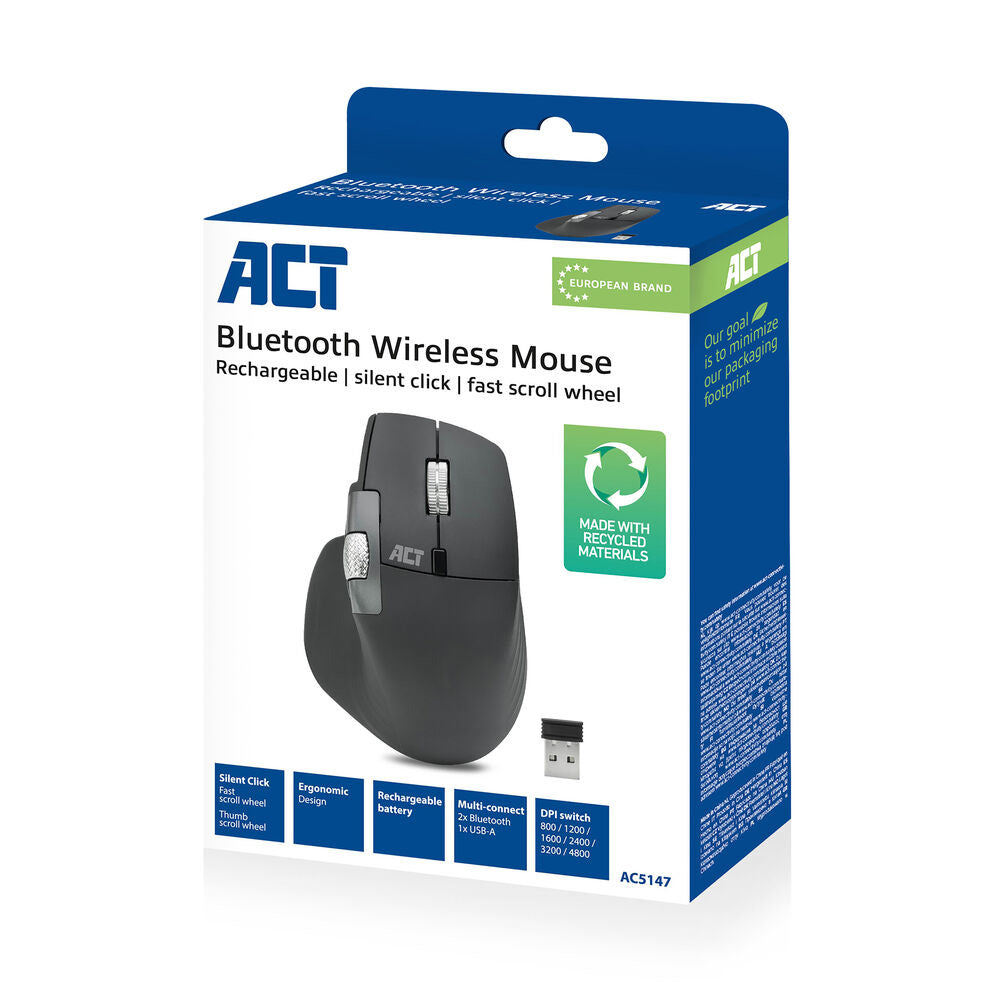ACT AC5147 | Draadloze Multi-Connect Muis | Bluetooth en USB-A Ontvanger | Oplaadbaar | 4800 DPI | Stille Klik | Zwart