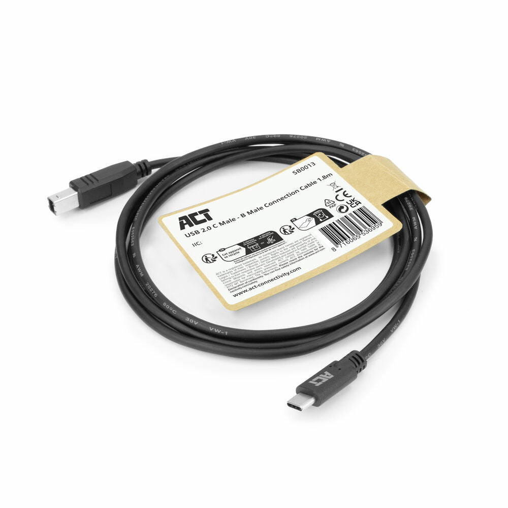 ACT | USB 2.0 Kabel | USB-C naar USB-B | 1,8m | Zwart