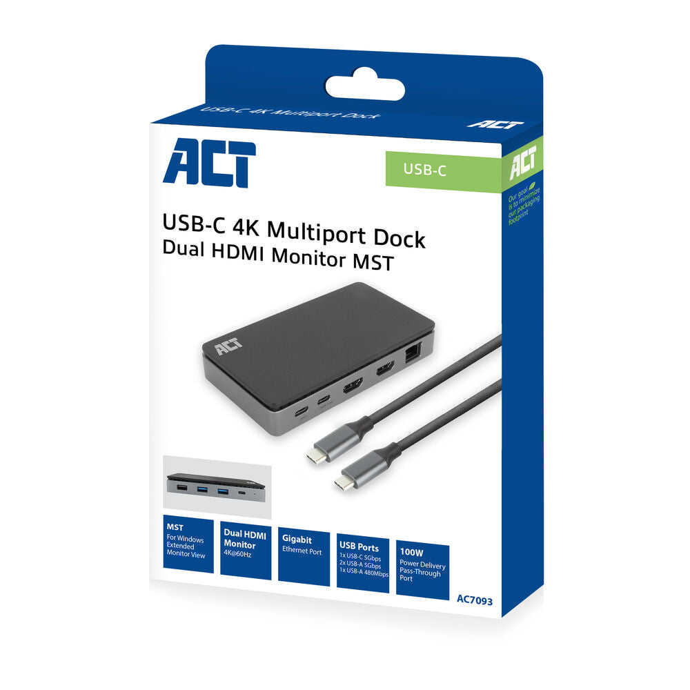 ACT AC7093 | USB-C 4K Docking Station | 2x HDMI + Ethernet + USB-C/USB-A + PD | 1m Kabel