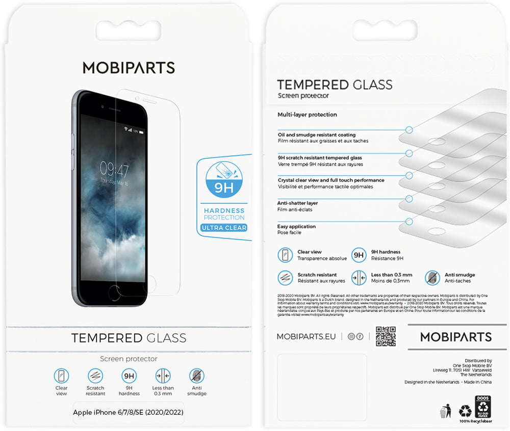 Mobiparts Regular Tempered Glass, Screenprotector voor iPhone 6/7/8/SE (2020/2022), 9H Hardheid, 10-Pack — van bovenaf