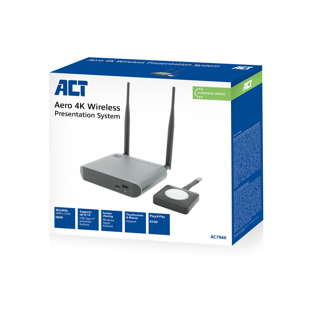 ACT Aero 4K Draadloos Presentatiesysteem (AC7960) | 4K (3840x2160) | USB-C | HDMI | Plug and Play | Multi User | Split Screen