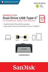 SanDisk Ultra Dual Drive USB Type-C | 128GB USB Flash Drive | USB Type-A / USB Type-C 3.2 Gen 1 (3.1 Gen 1) | Zwart, Zilver