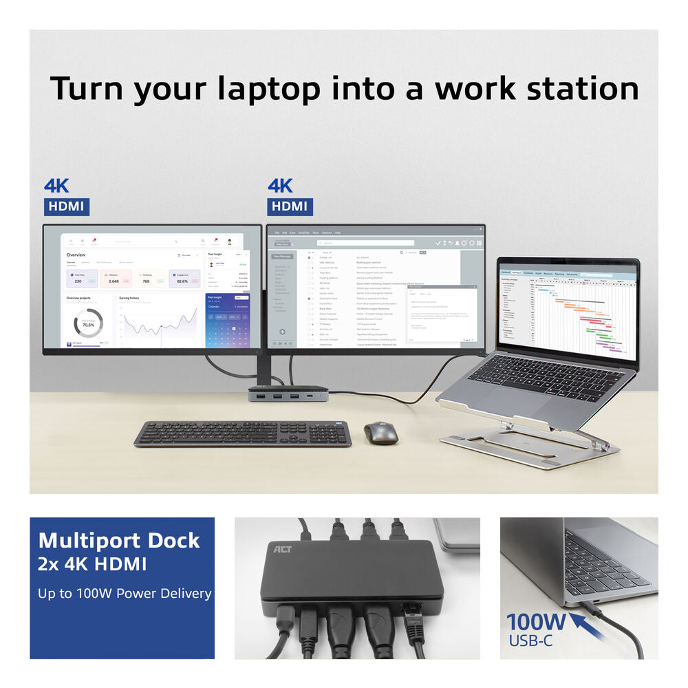 ACT AC7093 | USB-C 4K Docking Station | 2x HDMI + Ethernet + USB-C/USB-A + PD | 1m Kabel