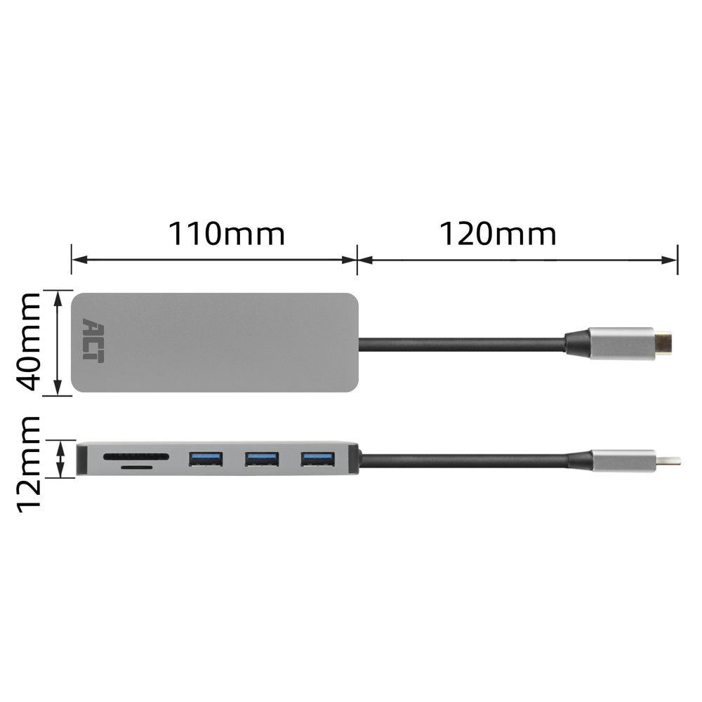 ACT AC7050 | 3-Poorts USB-C Hub | Kaartlezer | Zilver