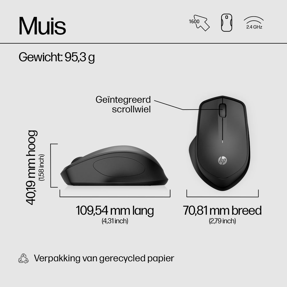 HP 280 Silent | Draadloze Muis | Links- en Rechtshandig | RF | 1200 DPI | Zwart